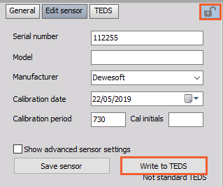 Unlock the TEDS sensor editor, enter the sensor data and write information to TEDS Unlock the TEDS sensor editor, enter the sensor data and write information to TEDS