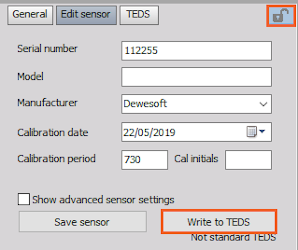 Unlock the TEDS sensor editor, enter the sensor data and write information to TEDS