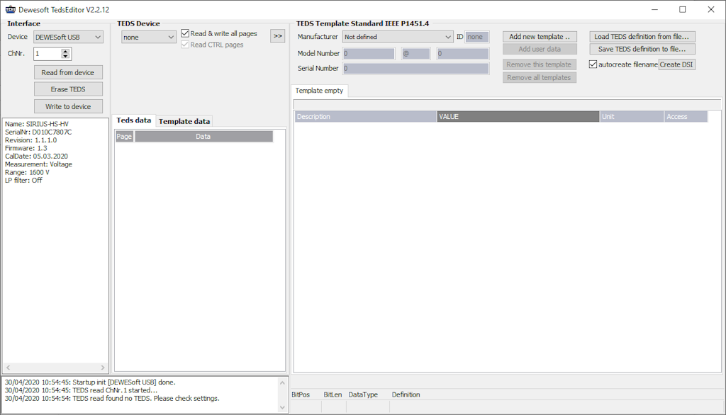 Dewesoft TEDS Editor interface Dewesoft TEDS Editor interface