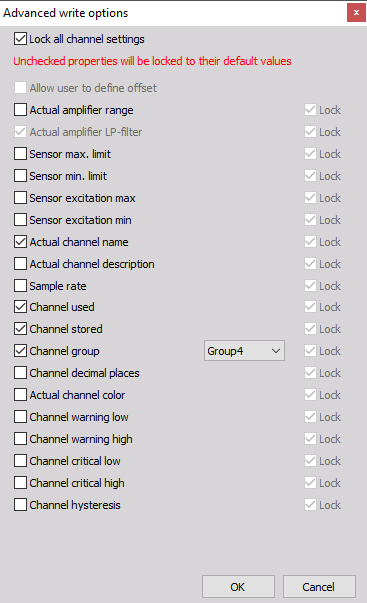 Advanced sensor settings window Advanced sensor settings window