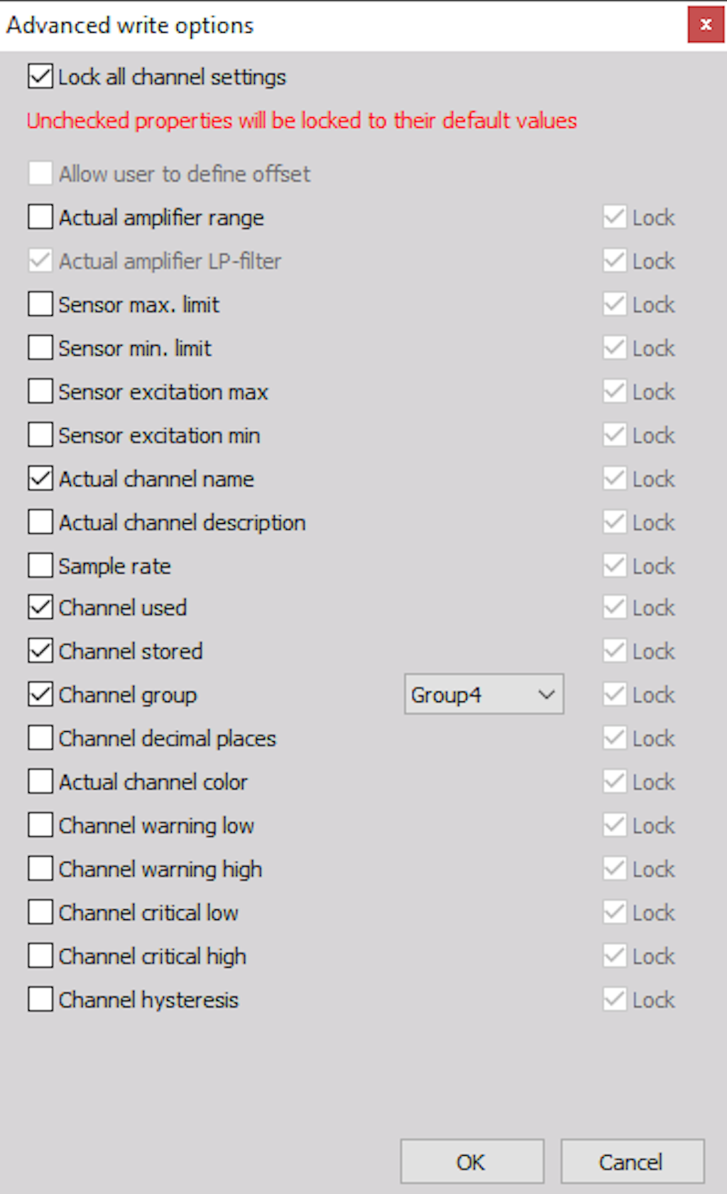 Advanced sensor settings window