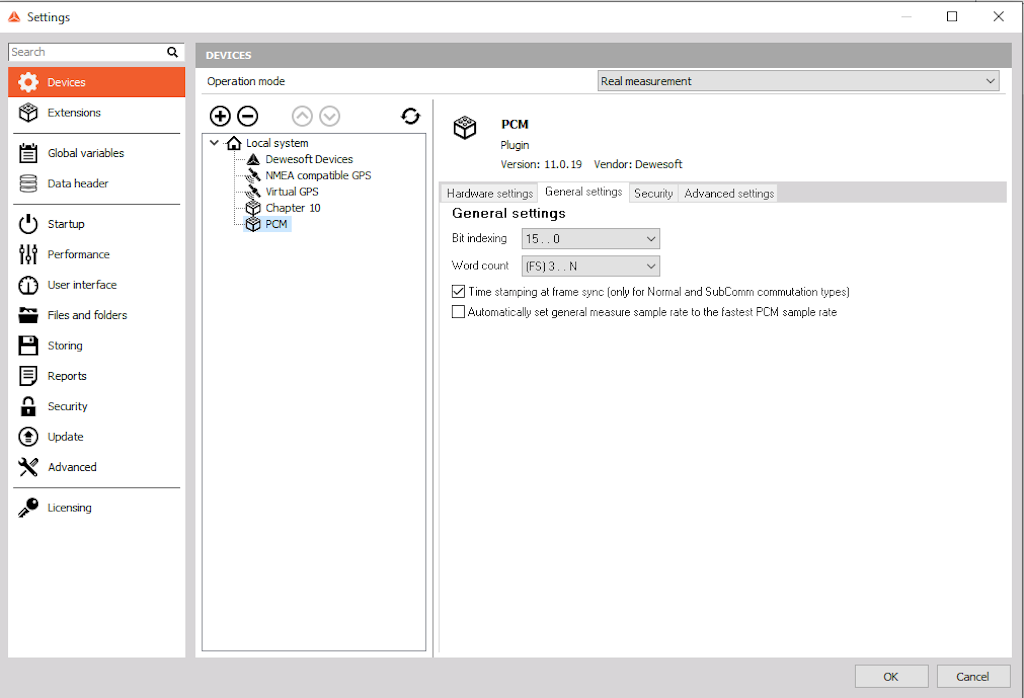 General settings of a PCM allows you to select several settings to configure the software to your application