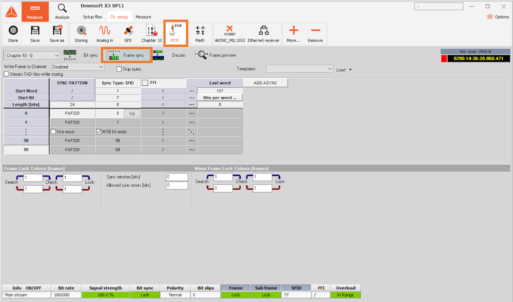 Click on the PCM tab and press Frame sync button Click on the PCM tab and press Frame sync button