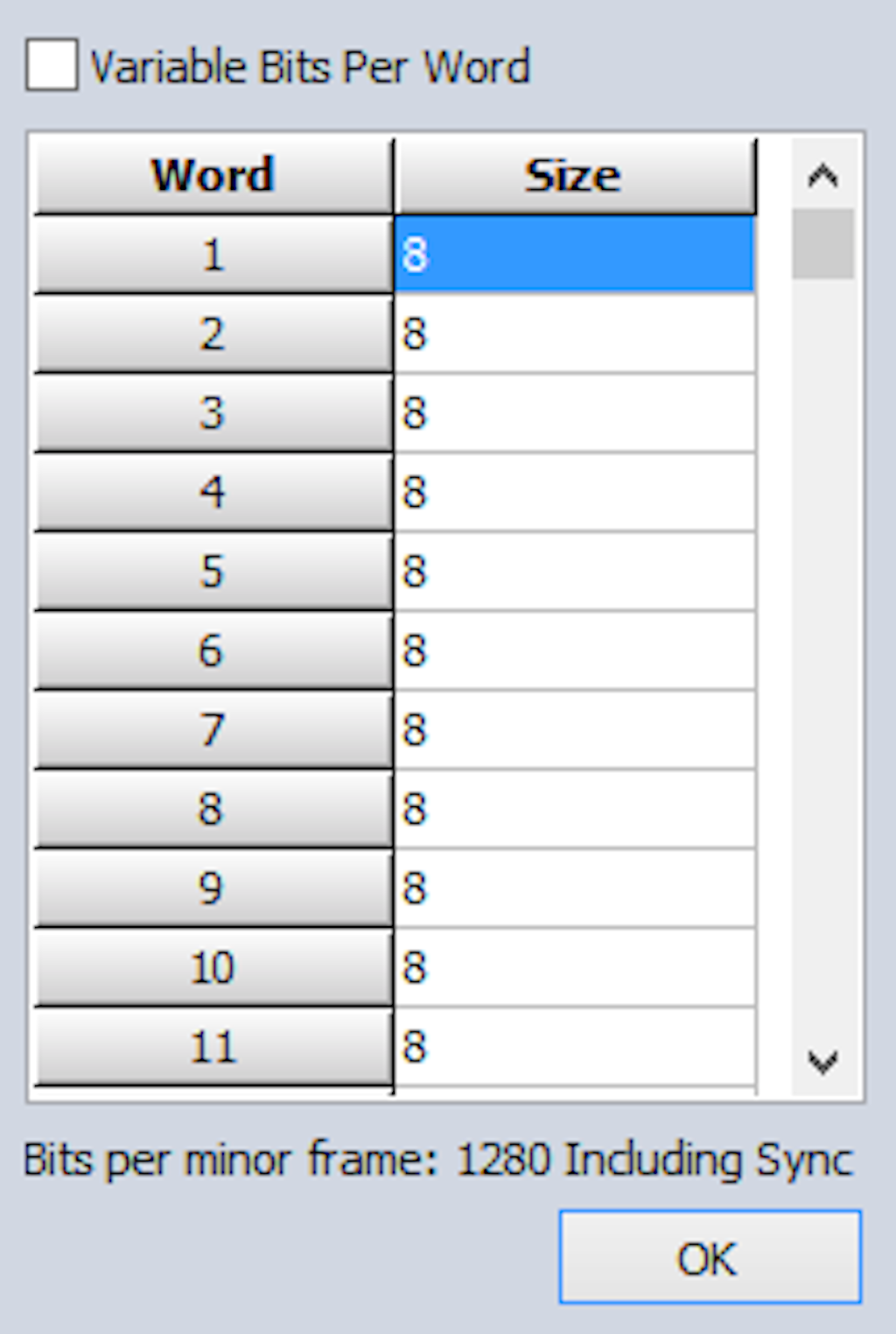 Click on the Bits per word label and set up your word size