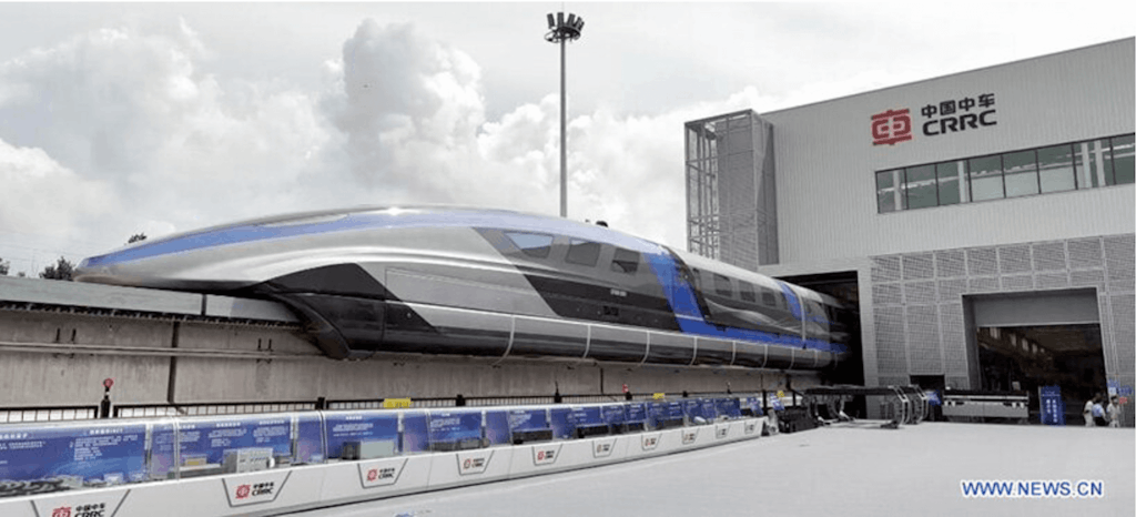 The 600 maglev train rolls out of the CRCC factory in Qingdao