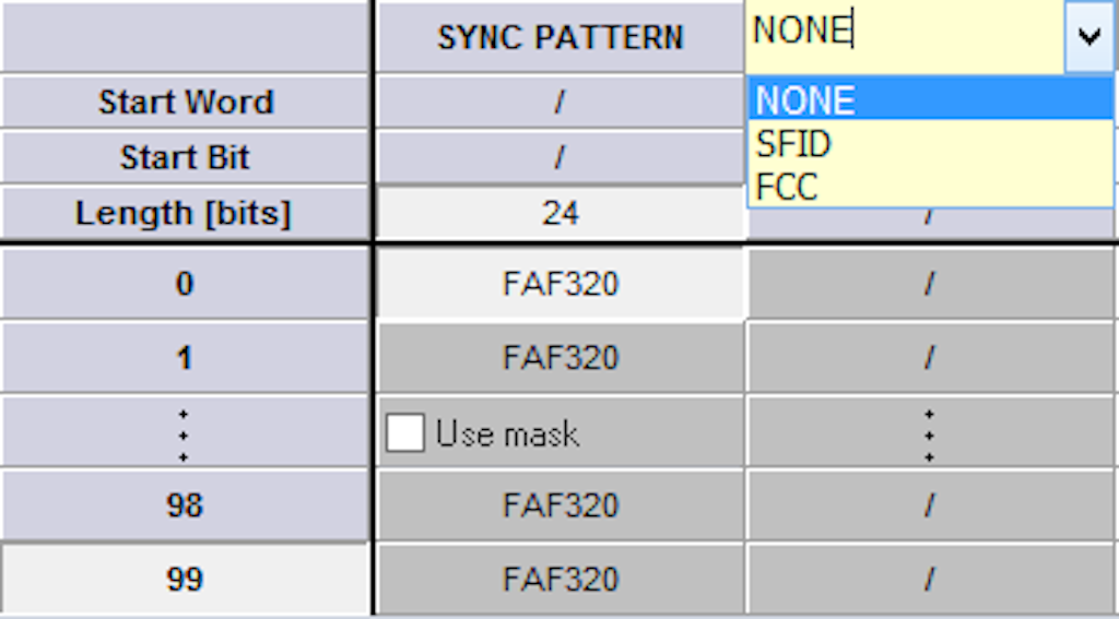 To configure the Sub-Frame Sync select either SubFrame ID counter (SFID), Frame Code Complement (FCC), or No minor frame sync (None)