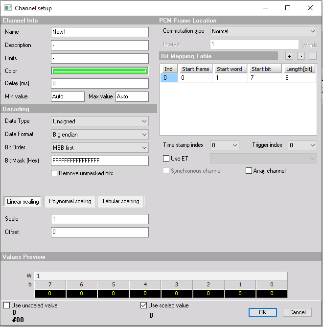 Channel setup window for configuring parameters Channel setup window for configuring parameters