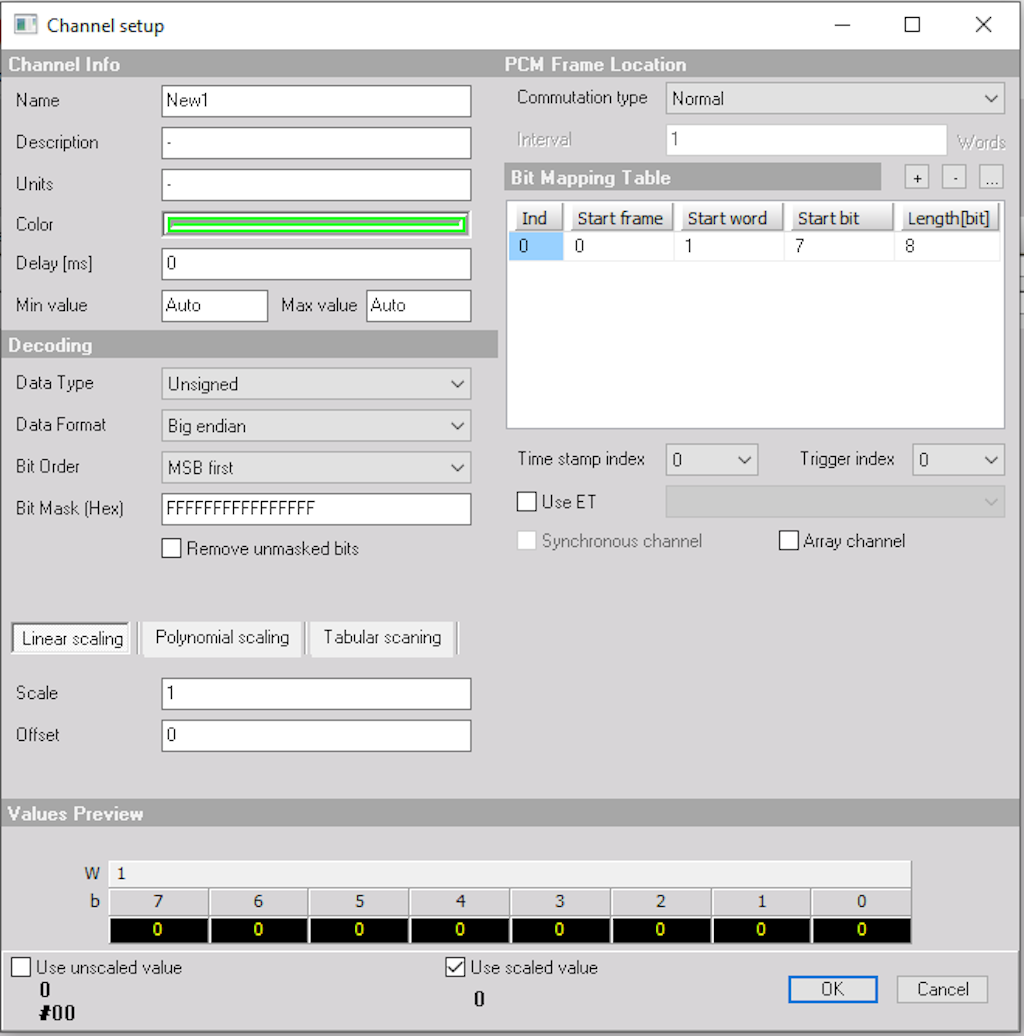 Channel setup window for configuring parameters