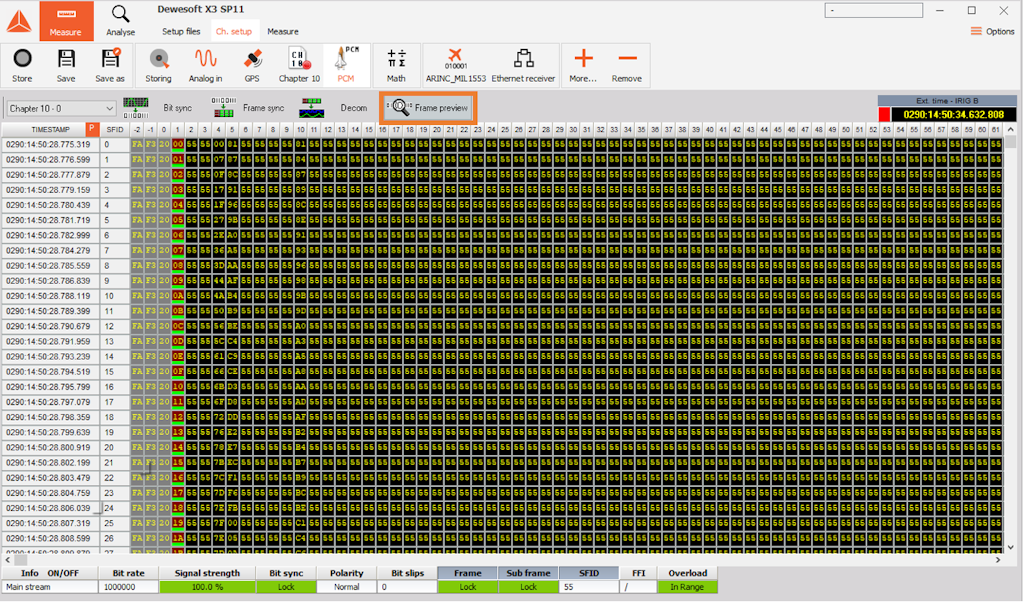 Frame preview screen gives you a clean look at the raw live frame dump of the major frame data in hexadecimal Frame preview screen gives you a clean look at the raw live frame dump of the major frame data in hexadecimal