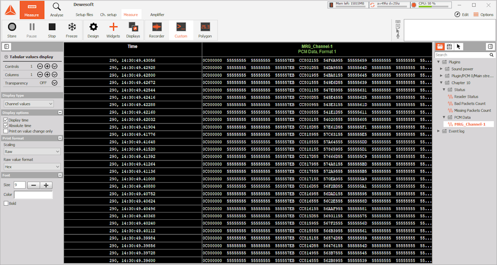 Show PCM channel values in a tabular display widget Show PCM channel values in a tabular display widget