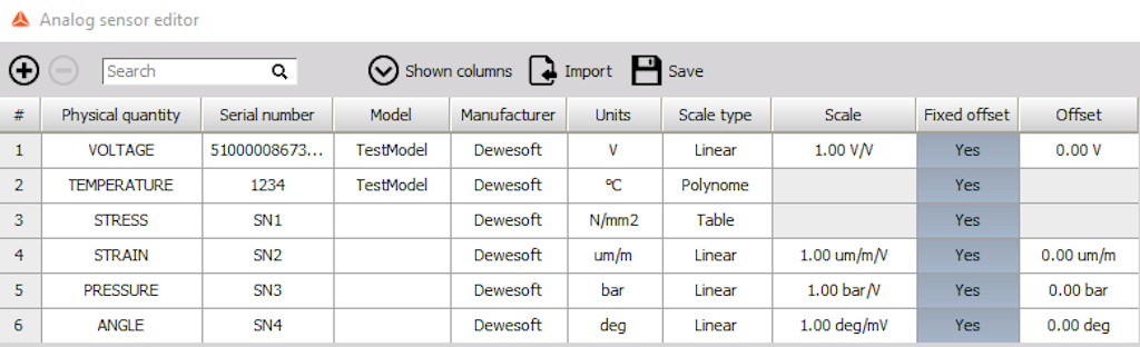 Defined sensors in the Analog sensor editor