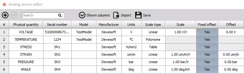 Defined sensors in Analog sensor editor Defined sensors in Analog sensor editor