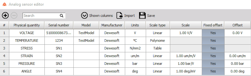 Defined sensors in Analog sensor editor