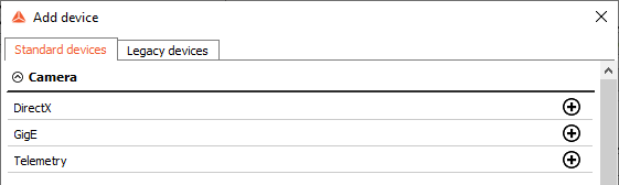 Go to DewesoftX Settings -> Standard devices -> Camera and find GigE Go to DewesoftX Settings -> Standard devices -> Camera and find GigE