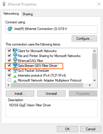 After the installation be sure that "OptoStream GEV Filter Driver" is installed under Local area connection properties After the installation be sure that "OptoStream GEV Filter Driver" is installed under Local area connection properties