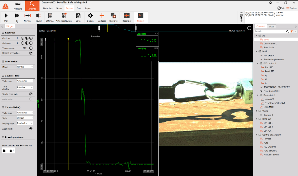 Figure 10. DewesoftX display replaying the data just before a carabiner failure.