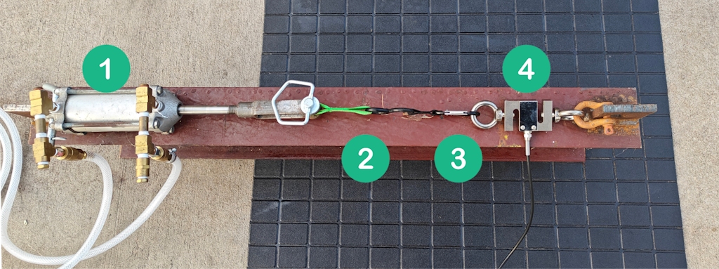 Figure 11. (1) pressure cylinder (2) fixturing (3) the carabiner UUT (4) the “S” type load cell that measured the force applied to the carabiner by the pressure cylinder