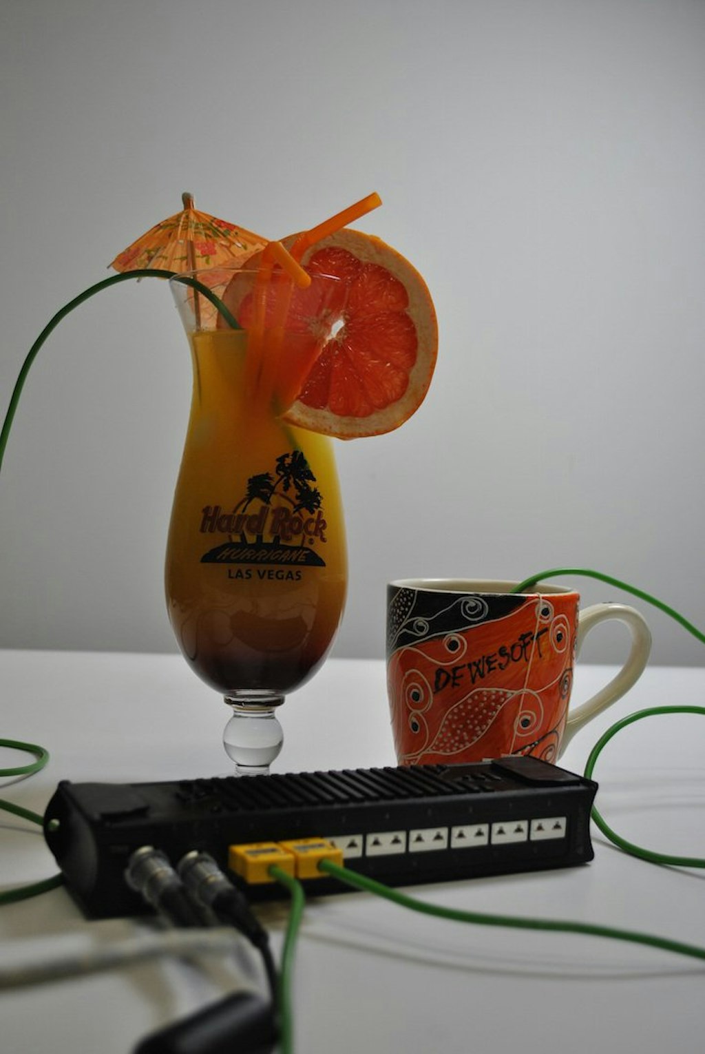 One thermocouple immersed in a cold cocktail and the second one in a hot cup of tea