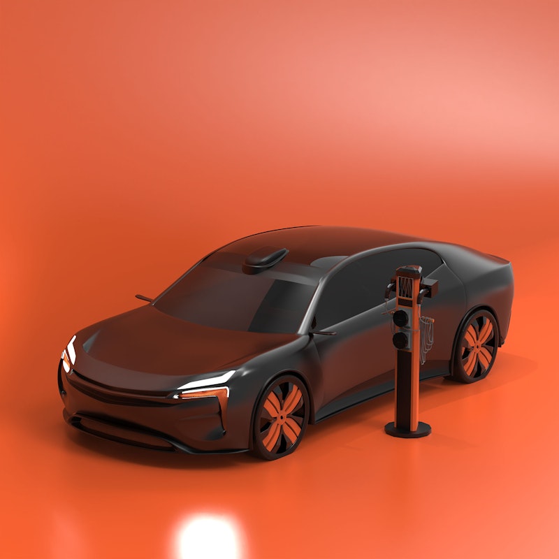 Electric car with charger station on an orange background