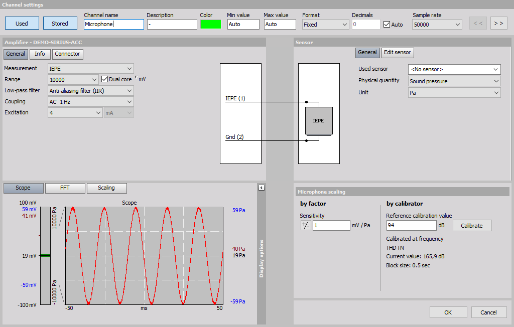 Channel setup of a microphone in Dewesoft