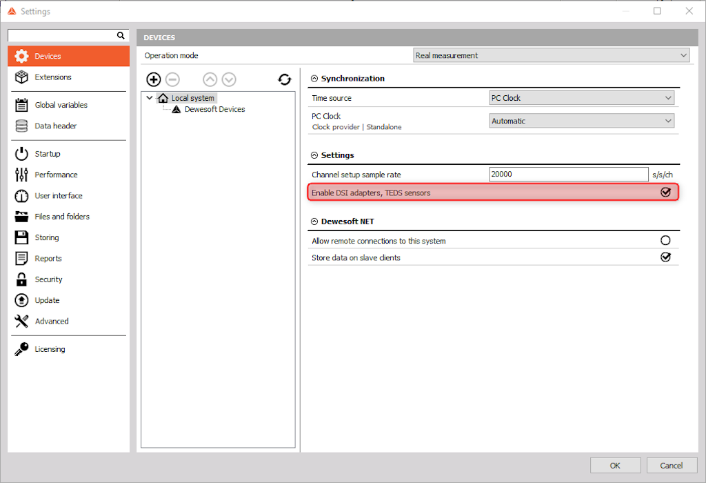 Enabling DSI and TEDS in Dewesoft X