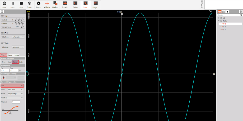 Measurement screen of voltage with a simple trigger