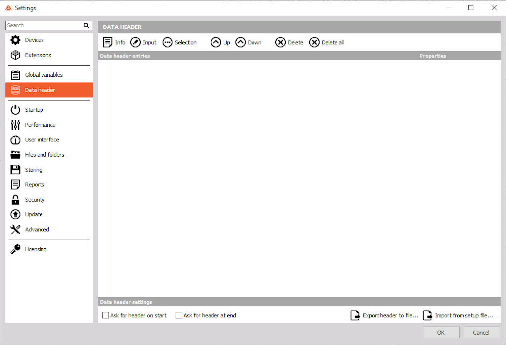 Import the data header file SoundPowerDataHeader.xml in Dewesoft X settings