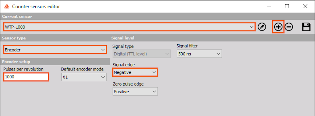 Adding new counter sensor - sensor selection and definition of number of Pulses per revolution