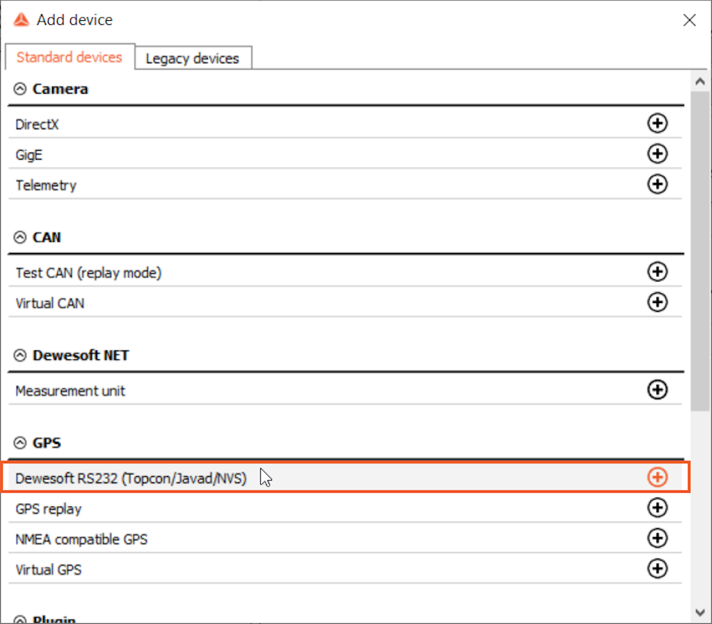 Add device menu, Dewesoft RS232(Topcon/Javad/NVS)