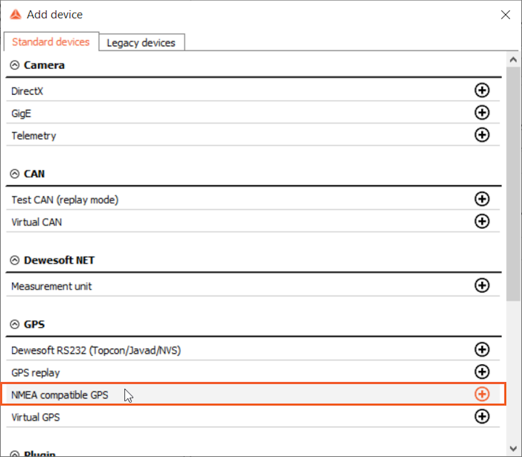 Add device menu, NMEA compatible GPS