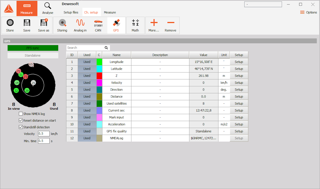 GNSS screen in Dewesoft Channel setup