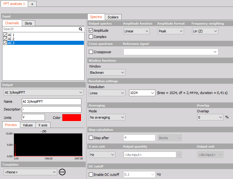 FFT analysis module setup in Dewesoft FFT analysis module setup in Dewesoft