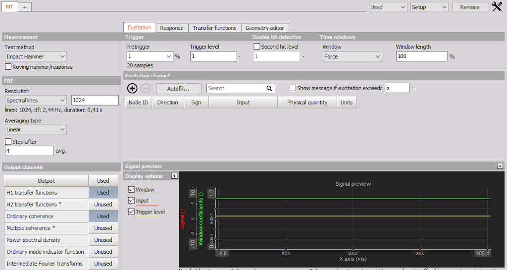 Modal test setup user interface