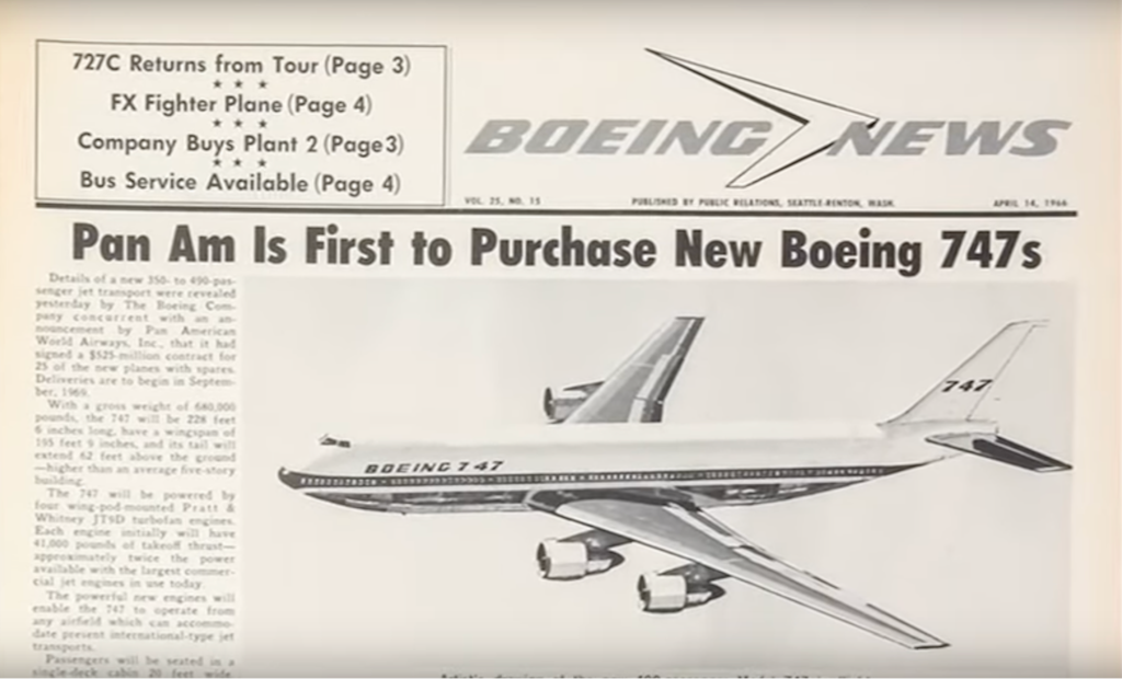 Periódico de la compañía Boeing después de que se realizó el pedido de Pan Am, 14 de abril de 1966