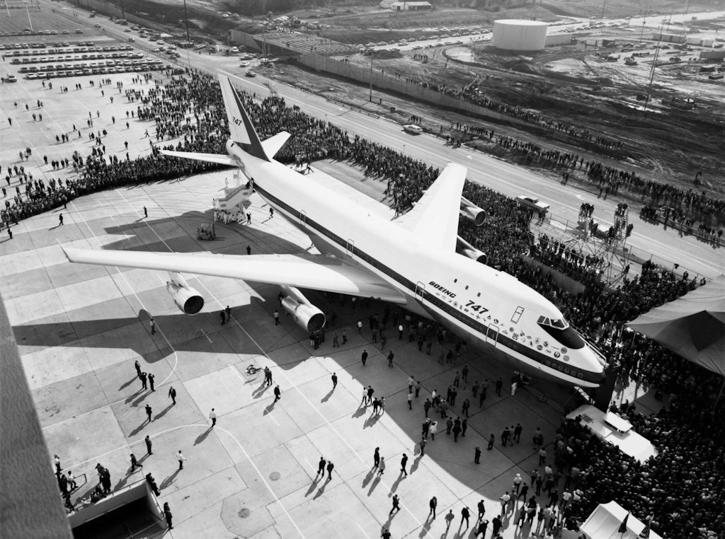 The first Boeing 747 was shown to the public, in September 1968. Public domain photo from Wikimedia Commons.