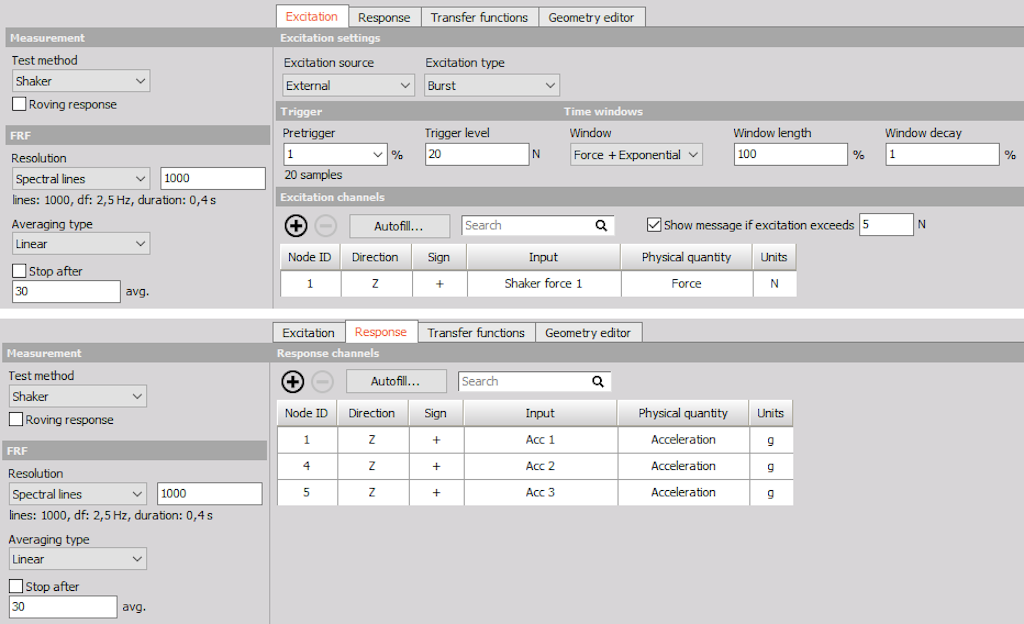 Modal shaker SIMO setup with one shaker and 3 response sensors