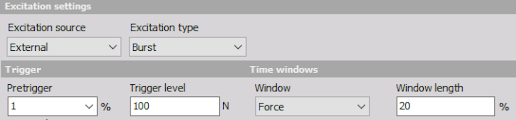 External Burst shaker excitation settings