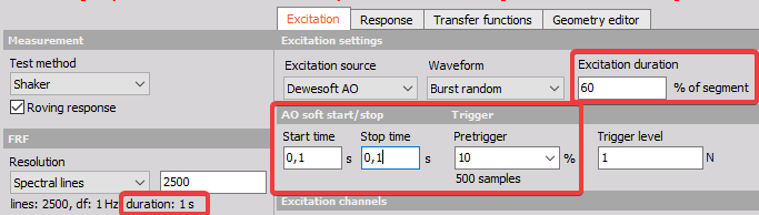 Bursts will (1) start after pre-trigger, (2) ramp-up over start time, (3) run over the excitation duration, (4) ramp-down over the stop time. The total duration should not exceed the FFT block duration Bursts will (1) start after pre-trigger, (2) ramp-up over start time, (3) run over the excitation duration, (4) ramp-down over the stop time. The total duration should not exceed the FFT block duration