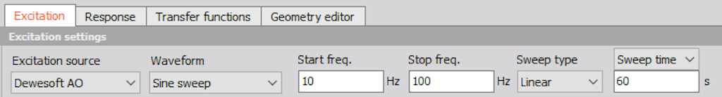 Dewesoft AO Sine sweep excitation settings