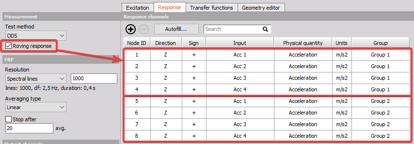 Roving ODS test setup with two groups containing the same 4 channels but at different DOF Node IDs Roving ODS test setup with two groups containing the same 4 channels but at different DOF Node IDs