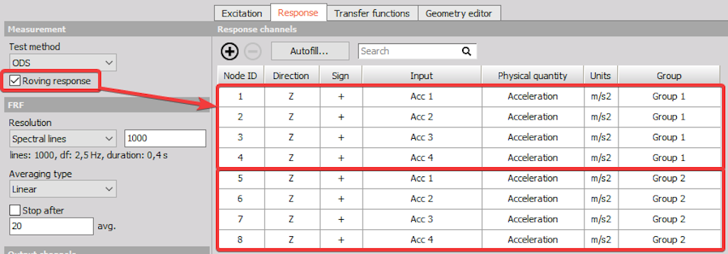 Roving ODS test setup with two groups containing the same 4 channels but at different DOF Node IDs