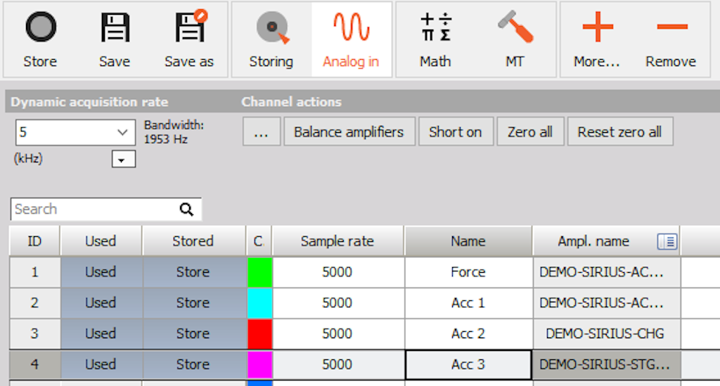 Analog in section tab for setting up the sensors