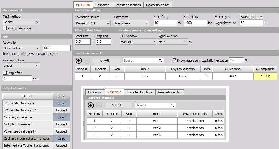Modal test channel setup for the shaker measurement example Modal test channel setup for the shaker measurement example