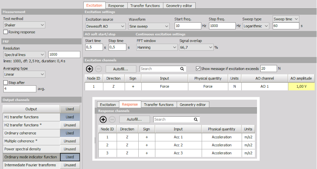 Modal test channel setup for the shaker measurement example