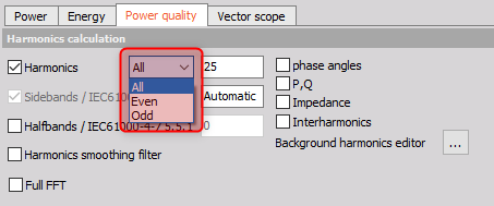 Harmonic measurement calculation options in the power module Harmonic measurement calculation options in the power module