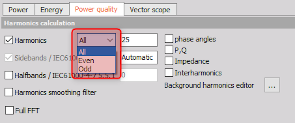 Harmonic measurement calculation options in the power module