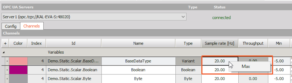 Setting max sample rate on OPC-UA client