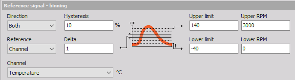 Reference signal - binning, parameter section. In the picture the reference channel is set to a channel measuring temperature. The bin settings will related to that REF channel.
