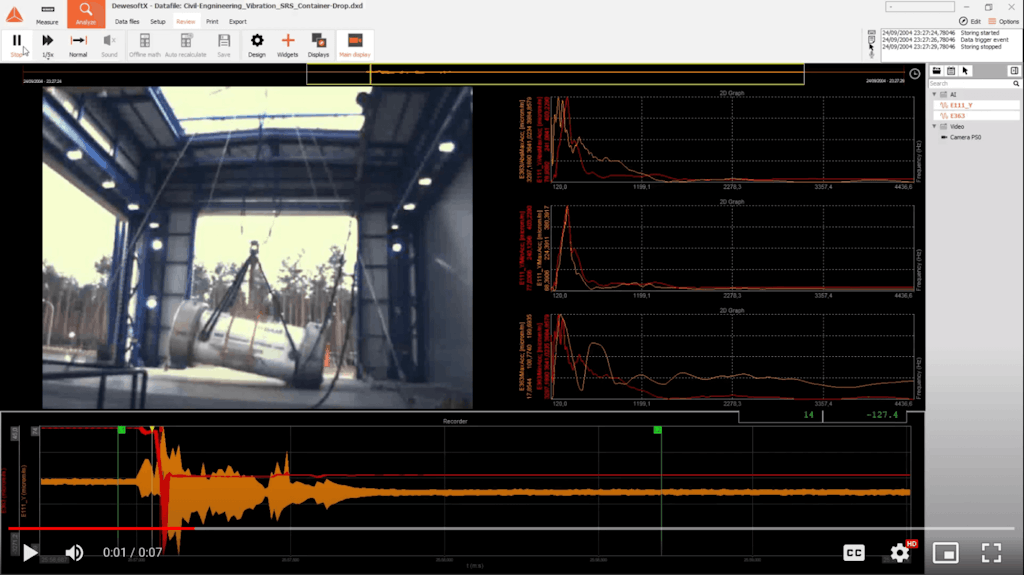 A large container is dropped several meters as video and sensor data are captured by a Dewesoft DAQ system