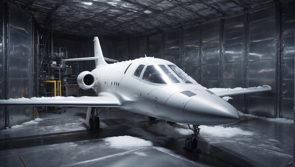 A commercial jet undergoes extreme cold testing in a climatic chamber